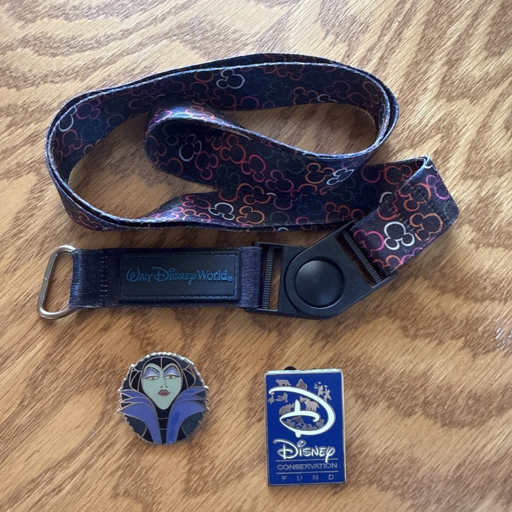 Lot 2 Disney Parks Collectors Pins Maleficent, Conservation Fund And Lanyard